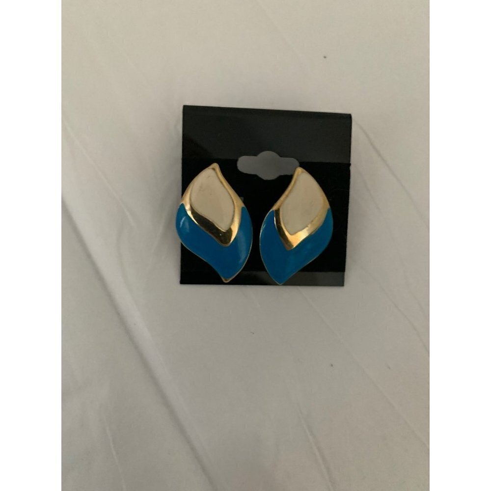 Vintage Earrings Gold Tone, White, and Blue 1980s
